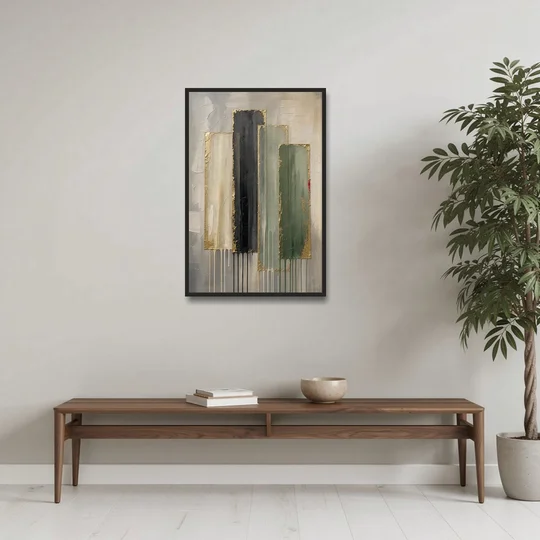 Modern Green and Gold Abstract Dripping Veils - Black Framed Canvas Wall Art - Coffee Table - 24x36