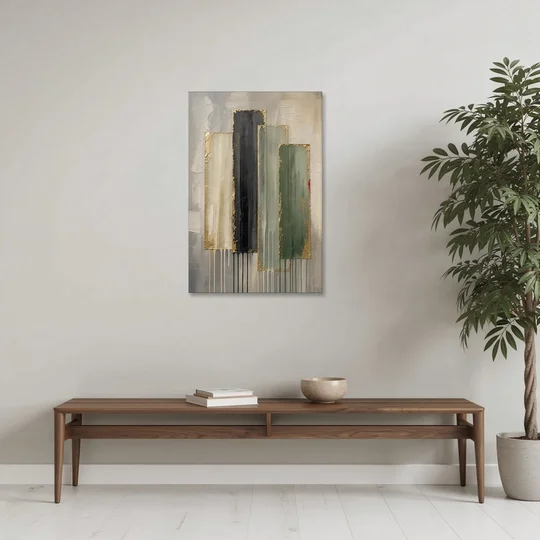 Modern Green and Gold Abstract Dripping Veils - Canvas Wall Art - Coffee Table - 24x36