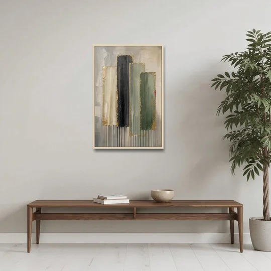 Modern Green and Gold Abstract Dripping Veils - Oak Framed Canvas Wall Art - Coffee Table - 24x36