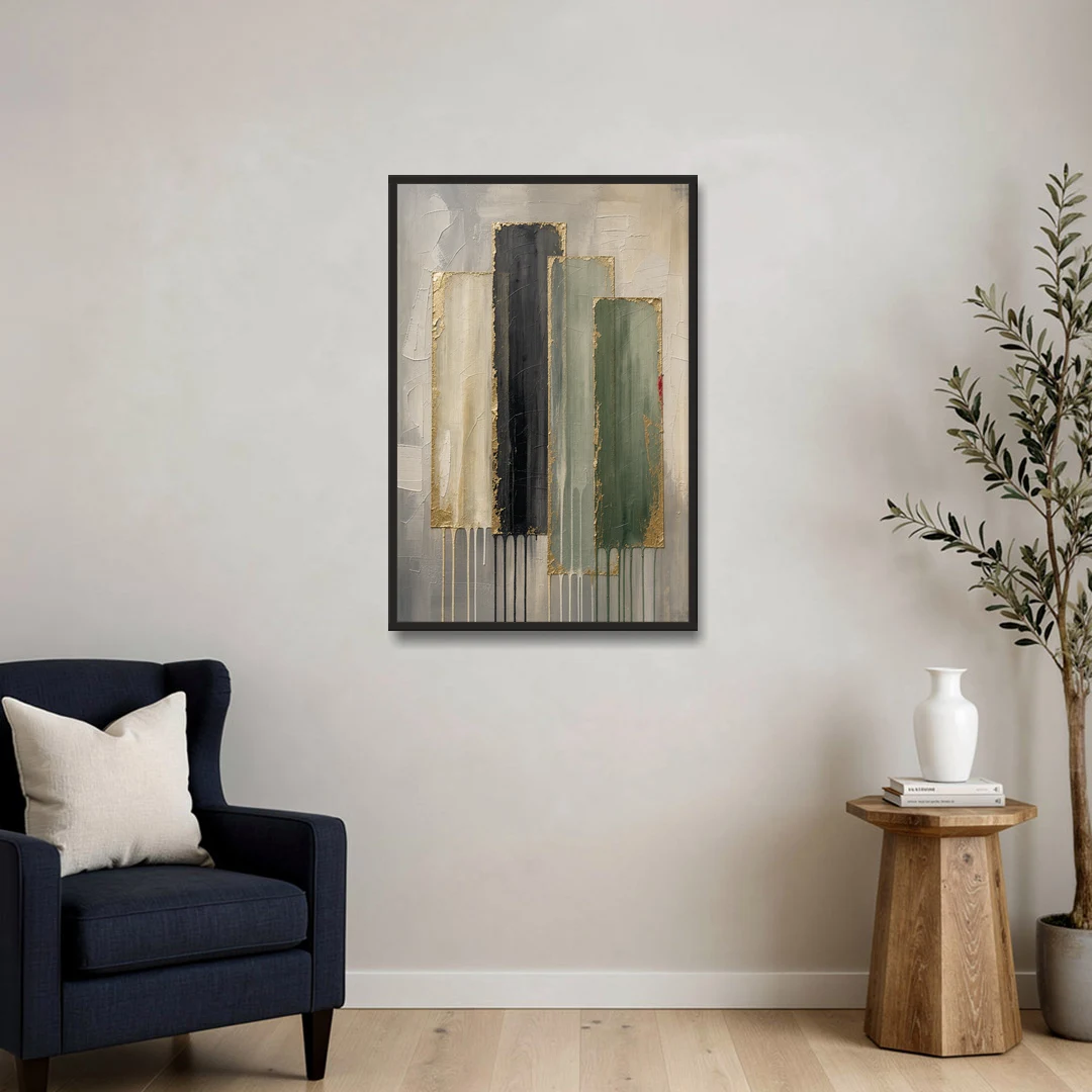 Modern Green and Gold Abstract Dripping Veils - Black Framed Canvas Wall Art - Sofa - 24x36