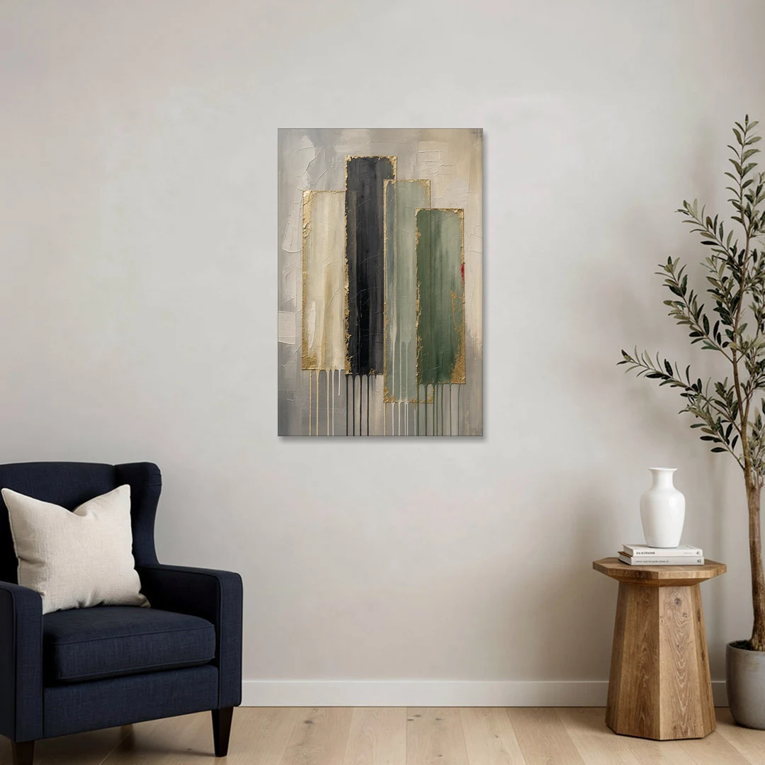 Modern Green and Gold Abstract Dripping Veils - Canvas Wall Art - Sofa - 24x36