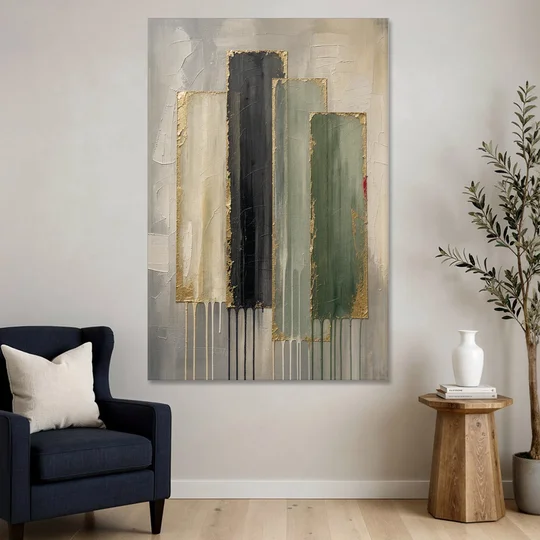 Modern Green and Gold Abstract Dripping Veils - Canvas Wall Art - Sofa - 40x60