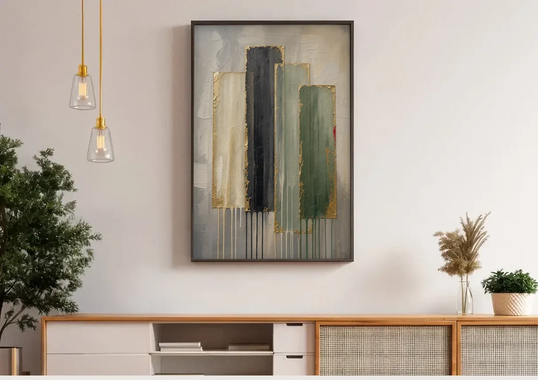 Modern Green and Gold Abstract Dripping Veils canvas wall art above a wooden sideboard under pendant lights