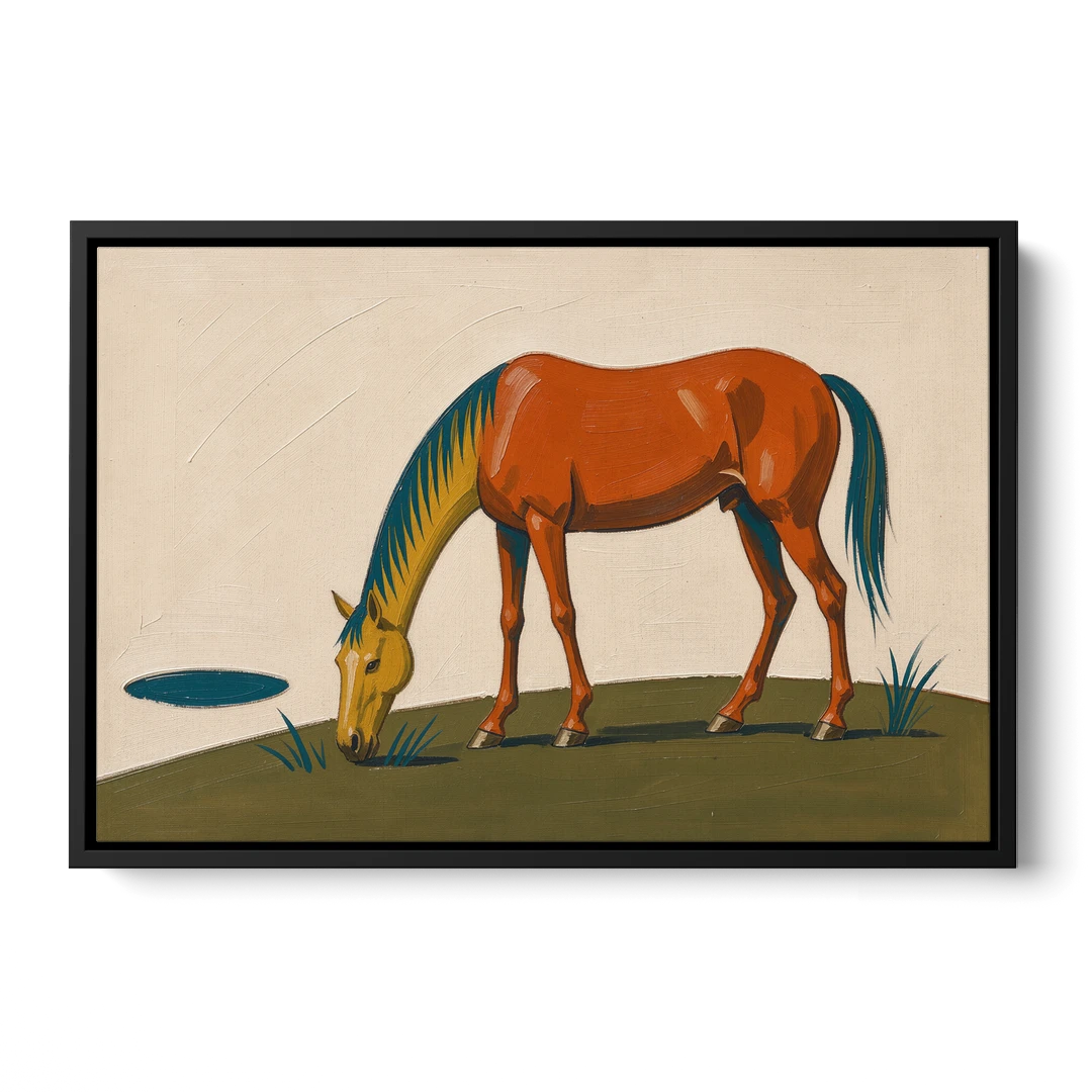 Modern Horse Wall Art of a Grazing Chestnut - Black Framed Canvas Wall Art - Front