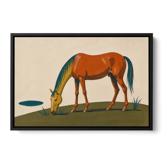 Modern Horse Wall Art of a Grazing Chestnut - Black Framed Canvas Wall Art - Front