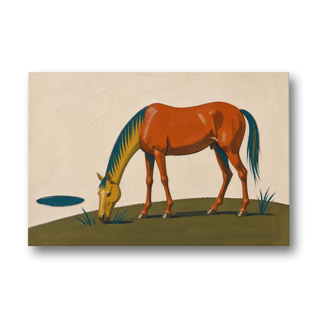 Modern Horse Wall Art of a Grazing Chestnut - Canvas Wall Art - Front