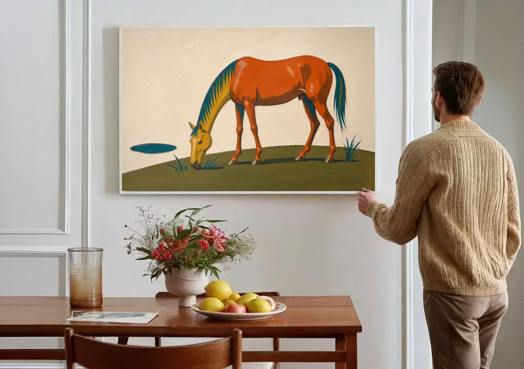 Modern Horse Wall Art of a Grazing Chestnut canvas wall art above a dining table