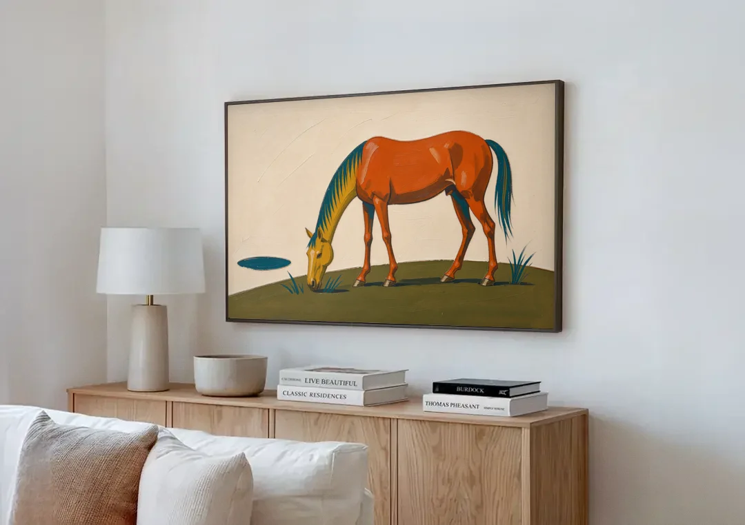 Modern Horse Wall Art of a Grazing Chestnut canvas wall art above a wooden sideboard next to a sofa