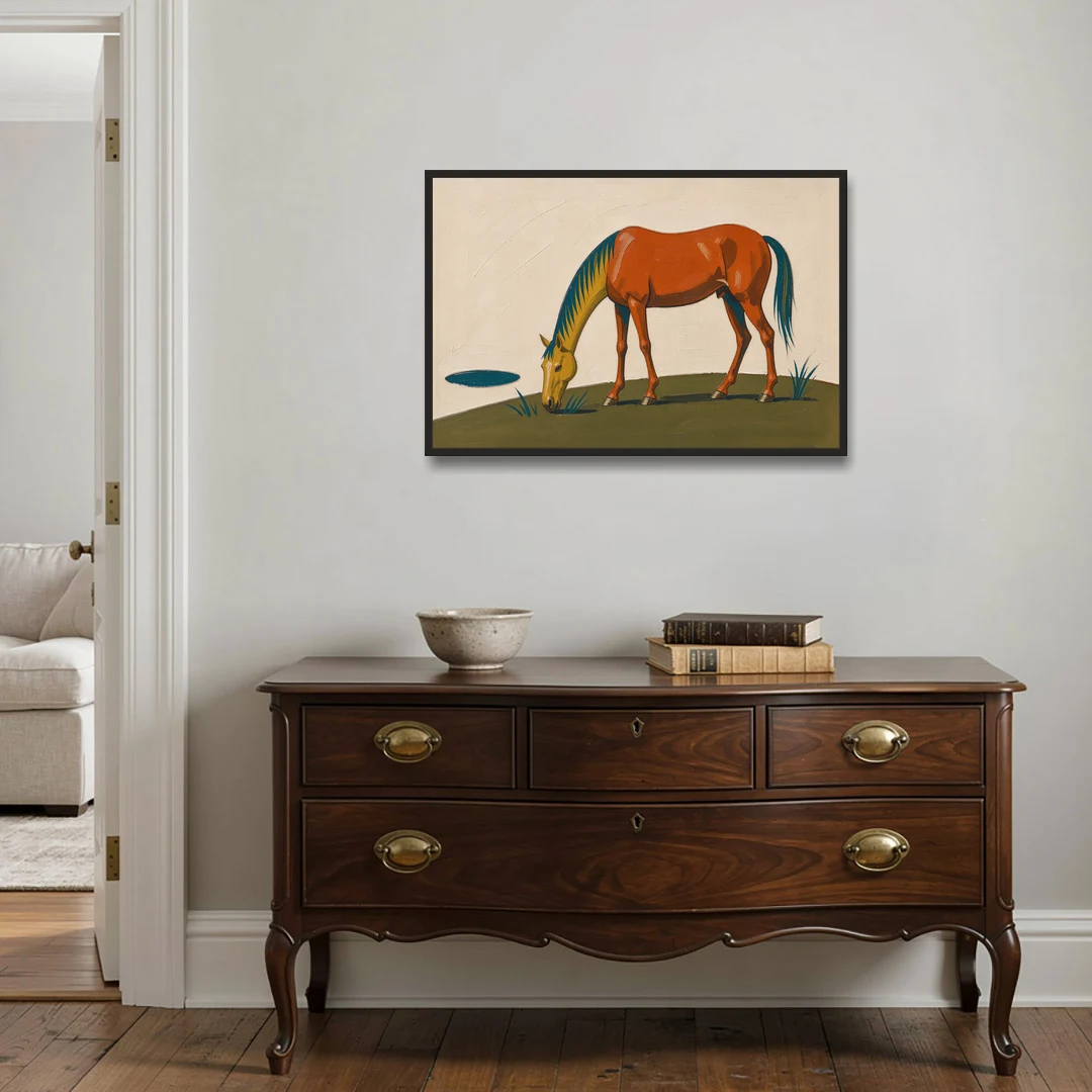 Modern Horse Wall Art of a Grazing Chestnut - Black Framed Canvas Wall Art - Coffee Table - 36x24