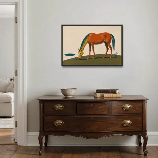 Modern Horse Wall Art of a Grazing Chestnut - Black Framed Canvas Wall Art - Coffee Table - 36x24