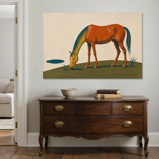 Modern Horse Wall Art of a Grazing Chestnut - Canvas Wall Art - Coffee Table - 60x40