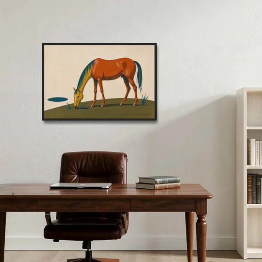 Modern Horse Wall Art of a Grazing Chestnut - Black Framed Canvas Wall Art - Office - 36x24