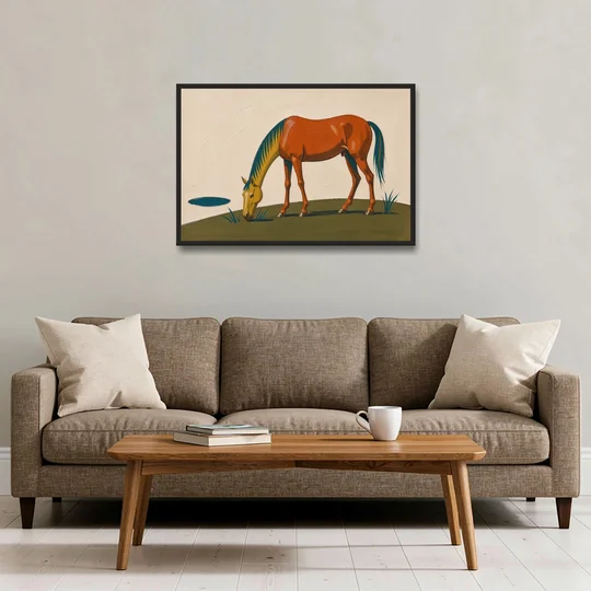 Modern Horse Wall Art of a Grazing Chestnut - Black Framed Canvas Wall Art - Sofa - 36x24