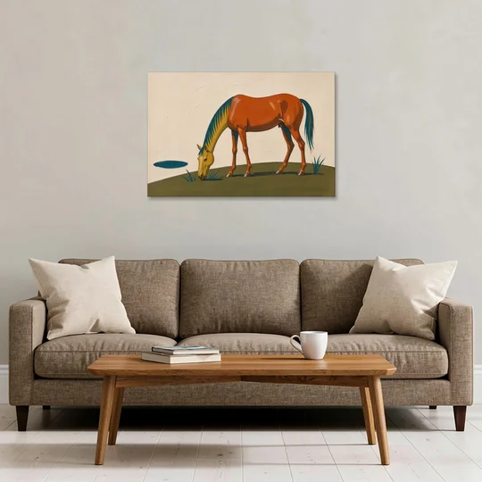 Modern Horse Wall Art of a Grazing Chestnut - Canvas Wall Art - Sofa - 36x24