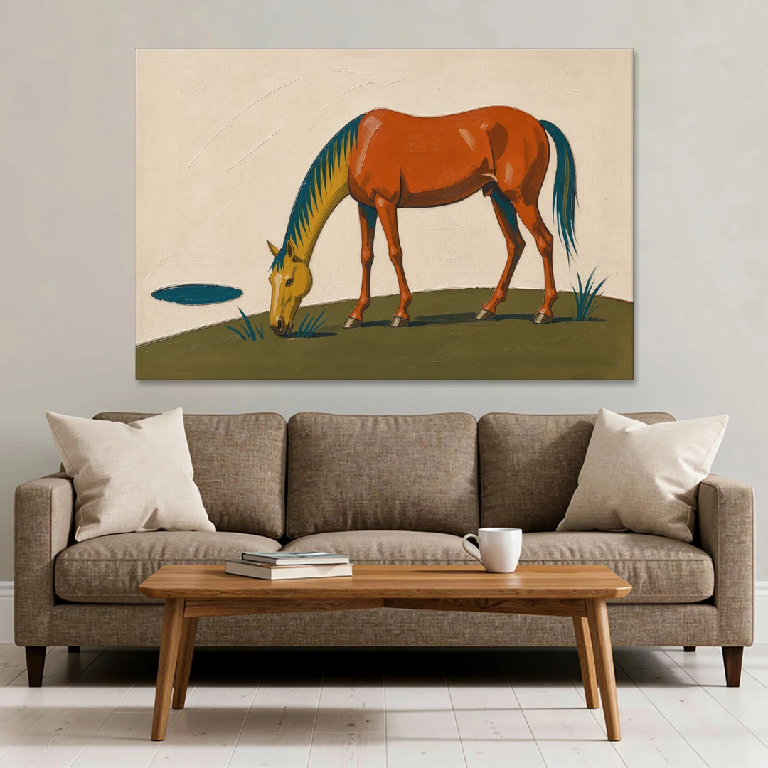 Modern Horse Wall Art of a Grazing Chestnut - Canvas Wall Art - Sofa - 60x40