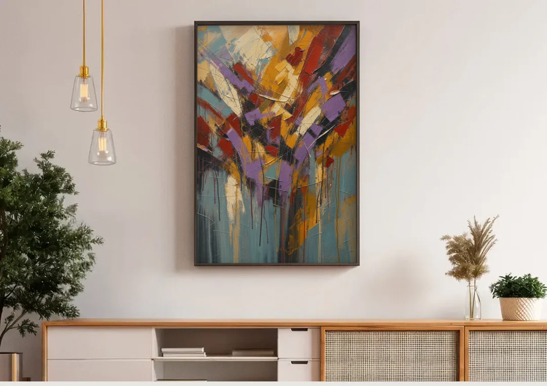 Modern Jewel Tone Abstract Violet Thicket canvas wall art above a wooden sideboard under pendant lights