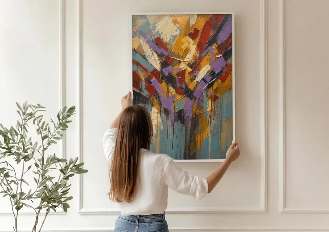 Modern Jewel Tone Abstract Violet Thicket canvas wall art being hung on a paneled wall
