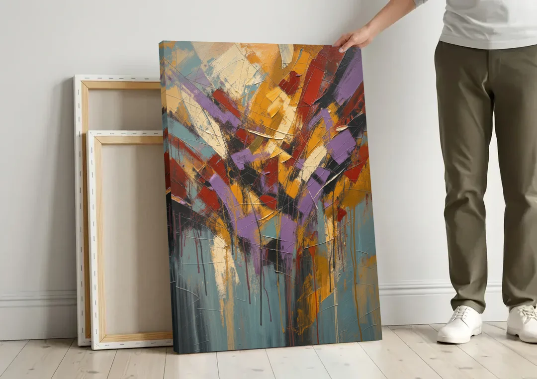 Modern Jewel Tone Abstract Violet Thicket canvas wall art leaning against a wall next to blank canvases