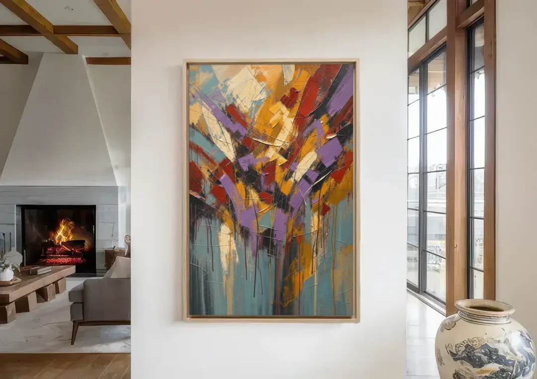 Modern Jewel Tone Abstract Violet Thicket canvas wall art in a living room with a fireplace