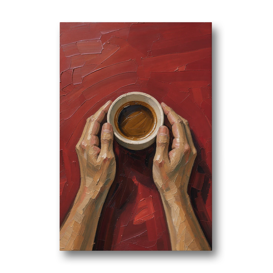 Modern Kitchen Wall Art of Hands Cradling Coffee - Canvas Wall Art - Front