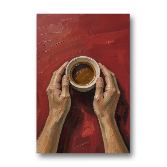 Modern Kitchen Wall Art of Hands Cradling Coffee - Canvas Wall Art - Front