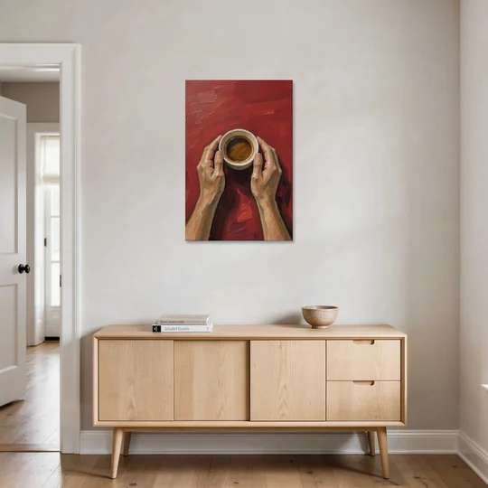 Modern Kitchen Wall Art of Hands Cradling Coffee - Canvas Wall Art - Coffee Table - 24x36