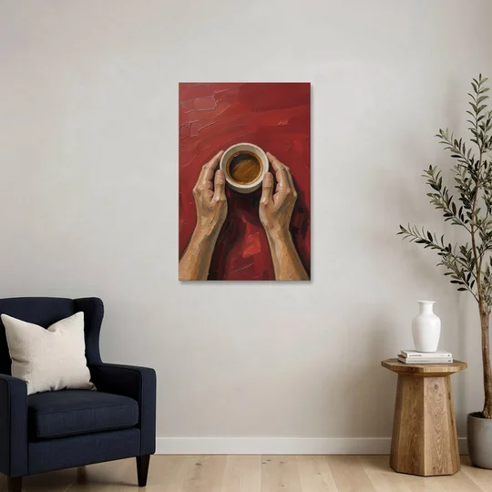 Modern Kitchen Wall Art of Hands Cradling Coffee - Canvas Wall Art - Sofa - 24x36