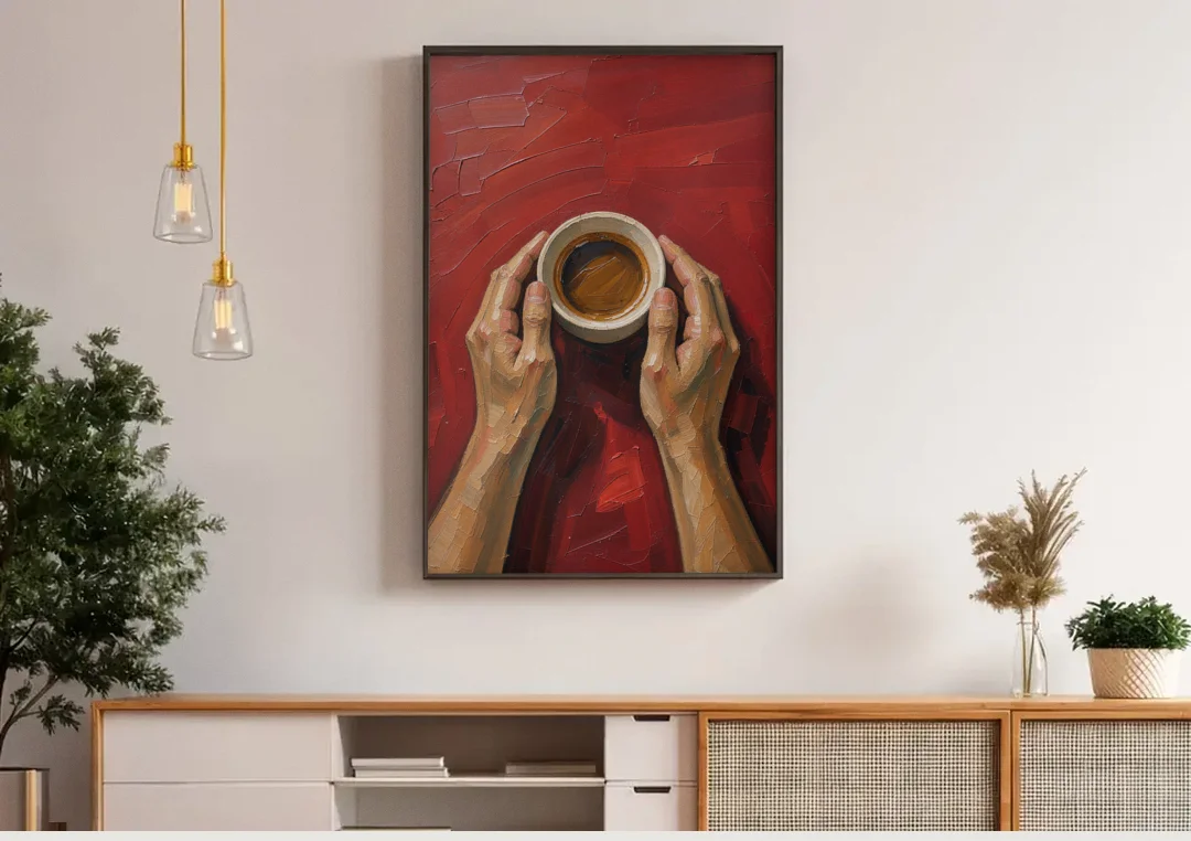 Modern Kitchen Wall Art of Hands Cradling Coffee canvas wall art above a wooden sideboard under pendant lights