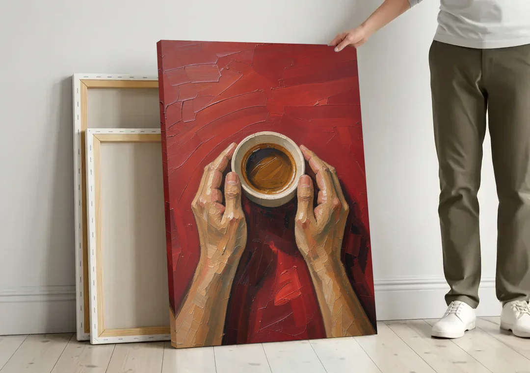 Modern Kitchen Wall Art of Hands Cradling Coffee canvas wall art leaning against a wall next to blank canvases