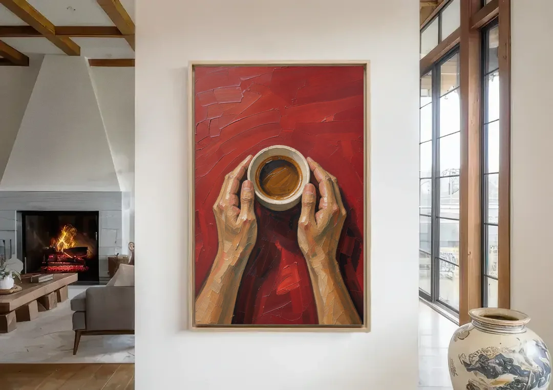 Modern Kitchen Wall Art of Hands Cradling Coffee canvas wall art in a living room with a fireplace