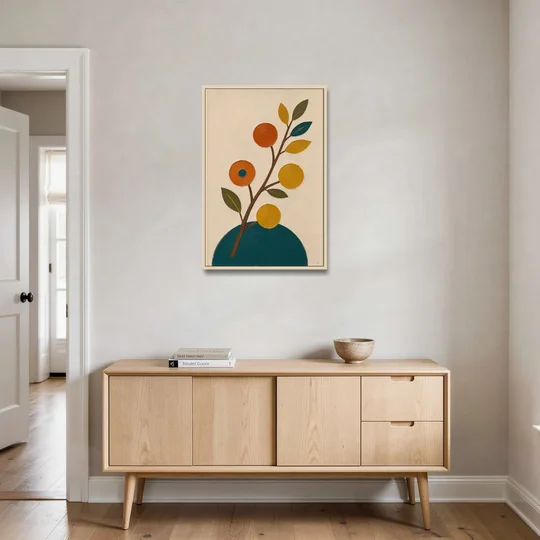 Modern Living Room Wall Art with Blossoming Branch - Oak Framed Canvas Wall Art - Coffee Table - 24x36