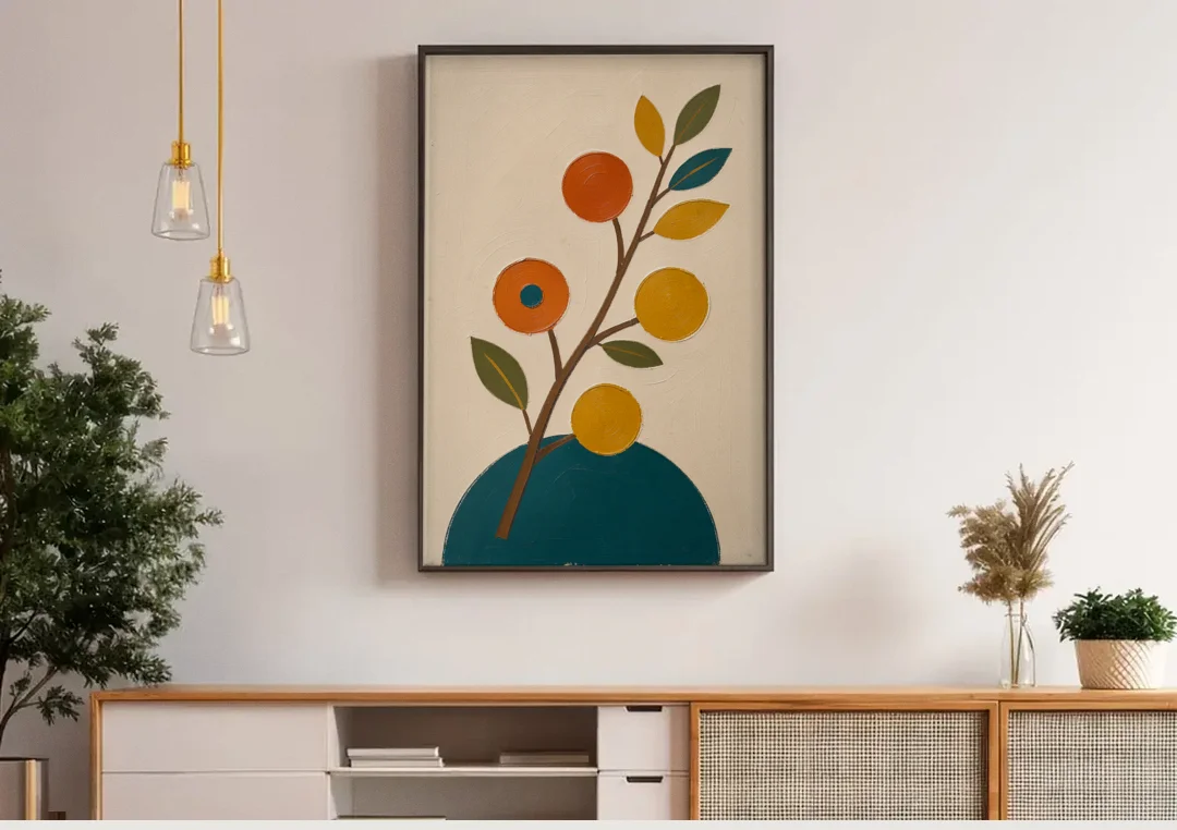 Modern Living Room Wall Art with Blossoming Branch canvas wall art above a wooden sideboard under pendant lights