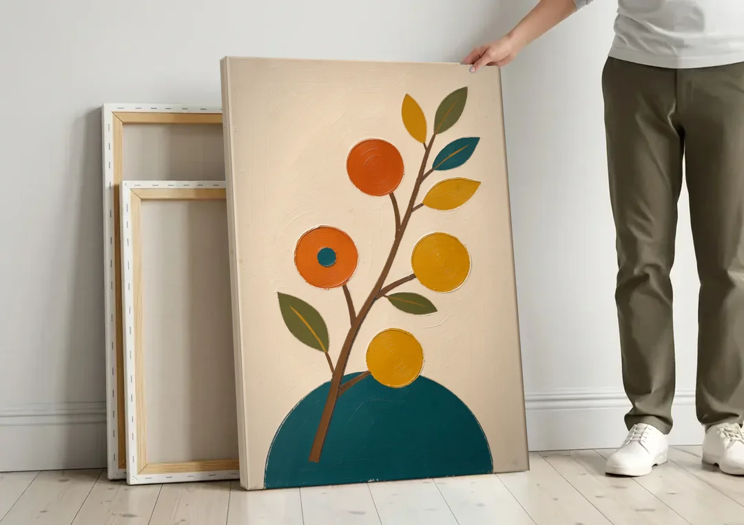Modern Living Room Wall Art with Blossoming Branch canvas wall art leaning against a wall next to blank canvases