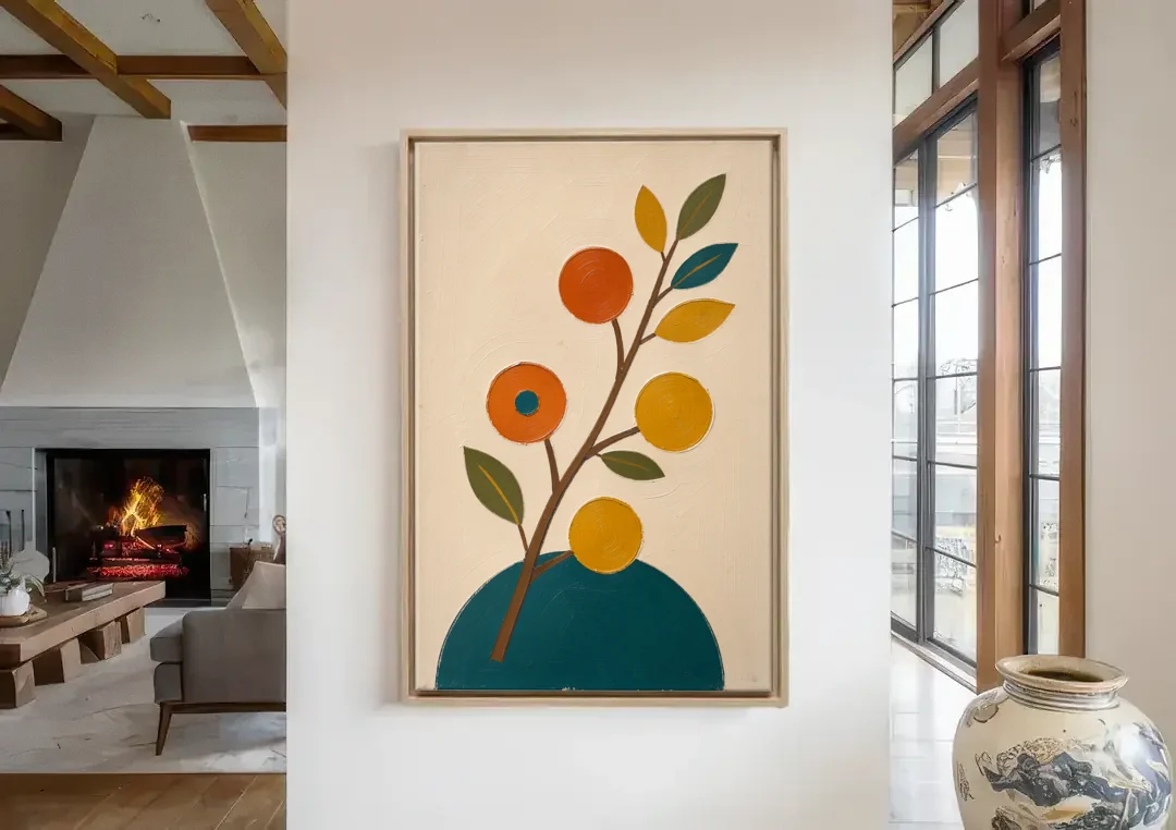 Modern Living Room Wall Art with Blossoming Branch canvas wall art in a living room with a fireplace