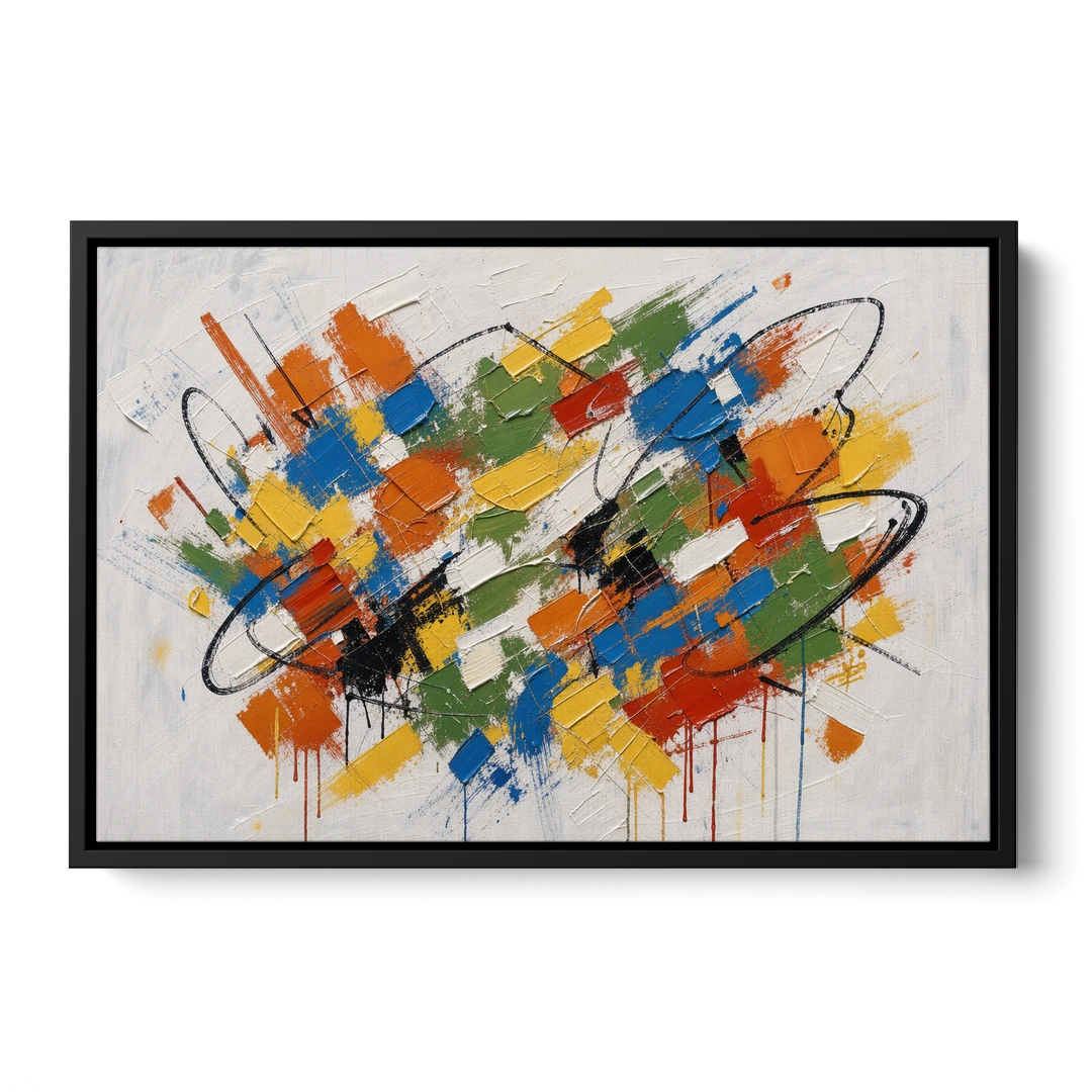 Modern Looping Color Dabs for the Living Room - Black Framed Canvas Wall Art - Front