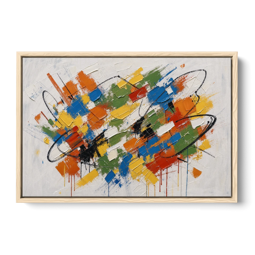 Modern Looping Color Dabs for the Living Room - Oak Framed Canvas Wall Art - Front