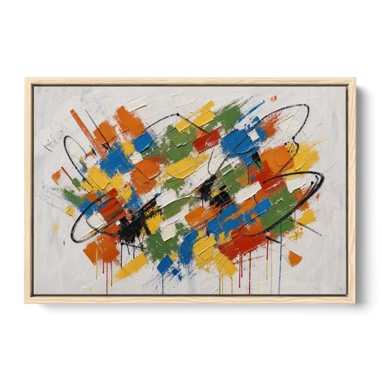 Modern Looping Color Dabs for the Living Room - Oak Framed Canvas Wall Art - Front