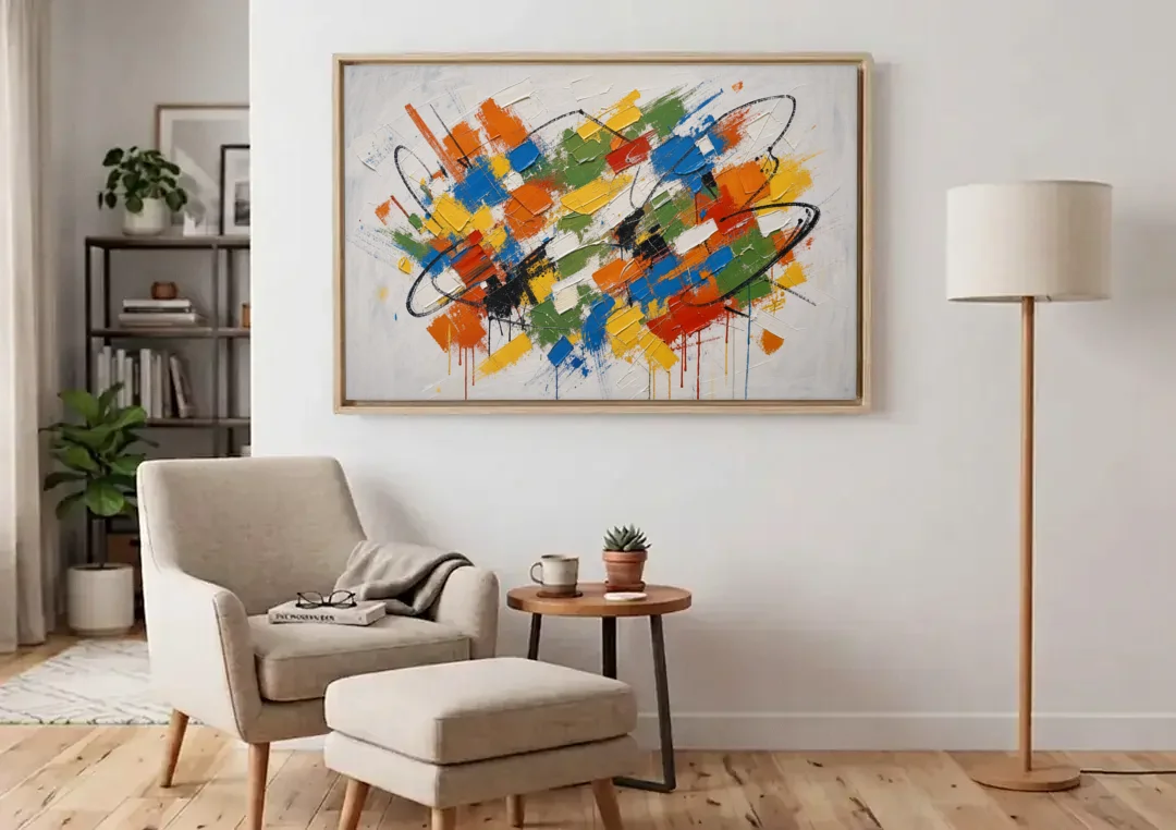 Modern Looping Color Dabs for the Living Room canvas wall art above an armchair in a bright living room