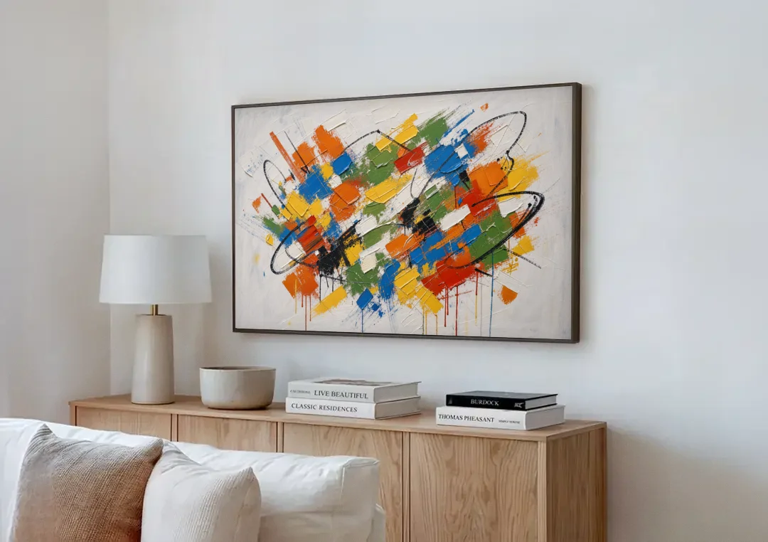Modern Looping Color Dabs for the Living Room canvas wall art above a wooden sideboard next to a sofa