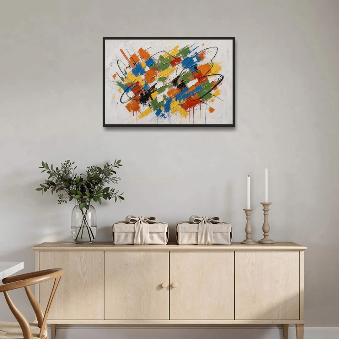 Modern Looping Color Dabs for the Living Room - Black Framed Canvas Wall Art - Coffee Table - 36x24
