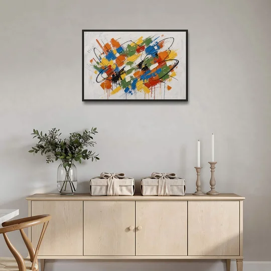 Modern Looping Color Dabs for the Living Room - Black Framed Canvas Wall Art - Coffee Table - 36x24