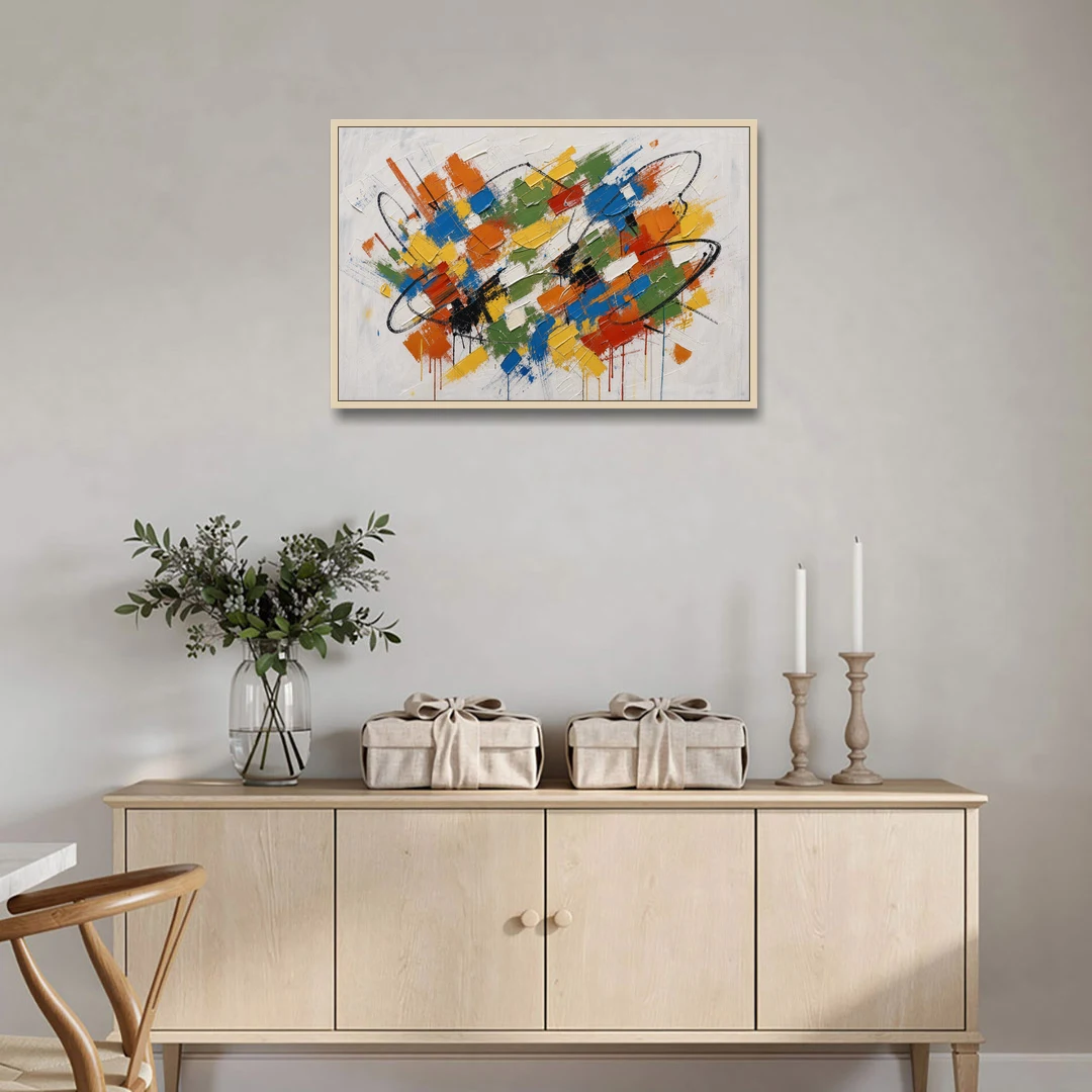 Modern Looping Color Dabs for the Living Room - Oak Framed Canvas Wall Art - Coffee Table - 36x24