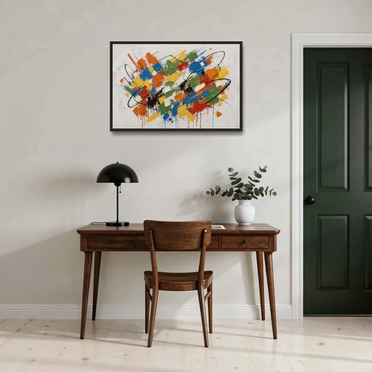 Modern Looping Color Dabs for the Living Room - Black Framed Canvas Wall Art - Office - 36x24