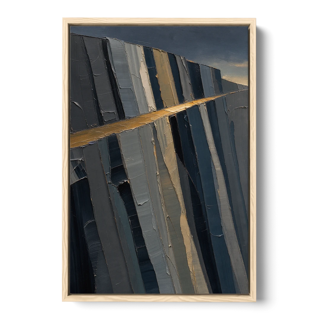 Modern Masculine Charcoal Gray Cliff with Ochre Ledge - Oak Framed Canvas Wall Art - Front