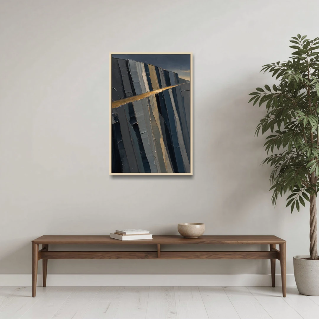 Modern Masculine Charcoal Gray Cliff with Ochre Ledge - Oak Framed Canvas Wall Art - Coffee Table - 24x36