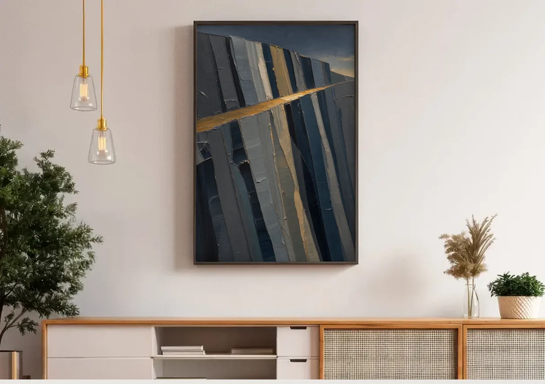 Modern Masculine Charcoal Gray Cliff with Ochre Ledge canvas wall art above a wooden sideboard under pendant lights