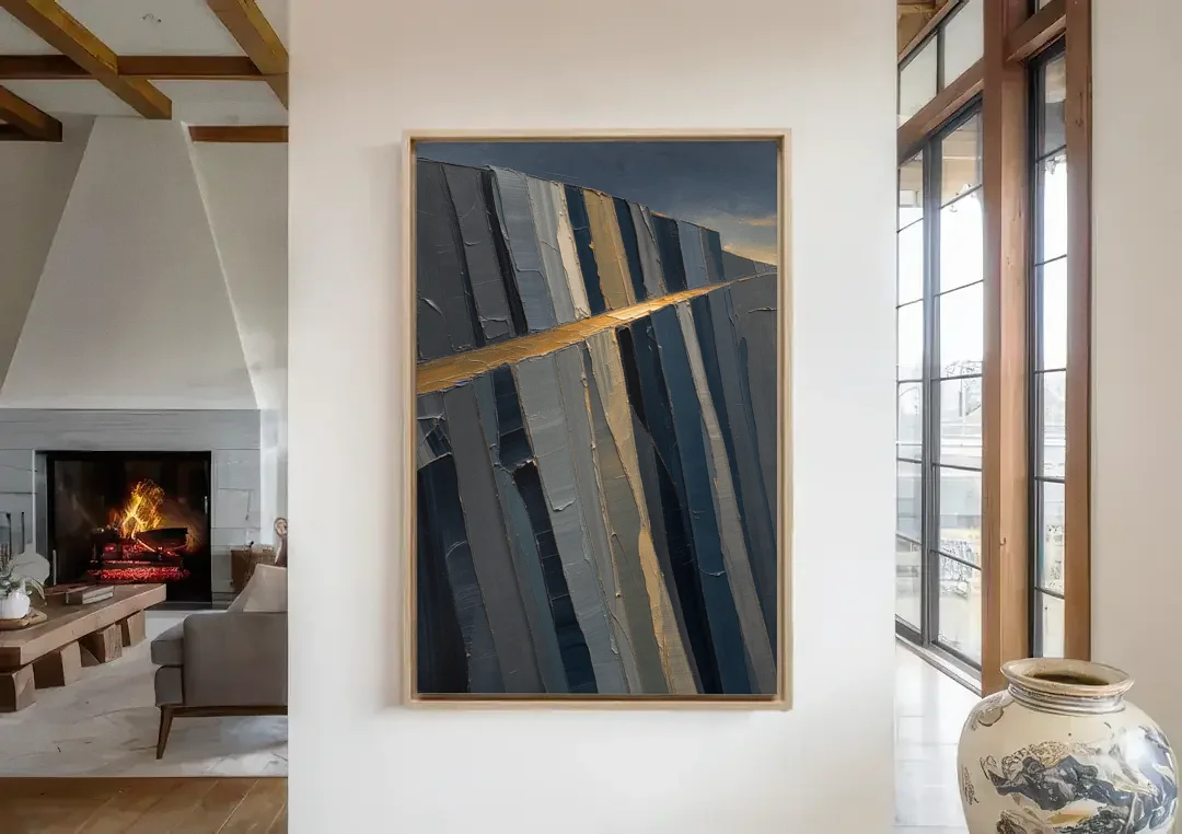 Modern Masculine Charcoal Gray Cliff with Ochre Ledge canvas wall art in a living room with a fireplace