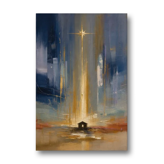 Modern Nativity Painting with Falling Gold Light - Canvas Wall Art - Front