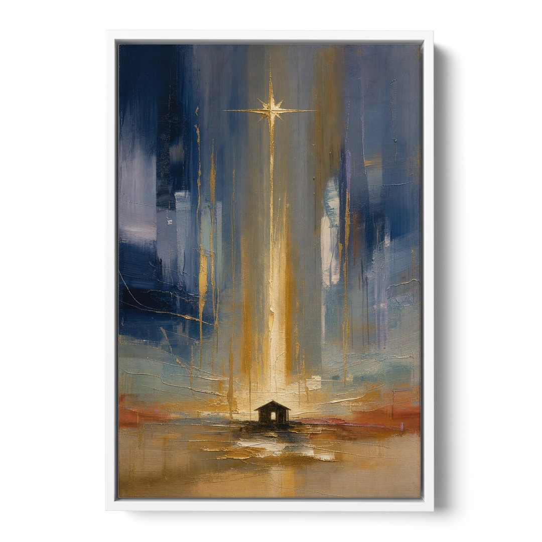 Modern Nativity Painting with Falling Gold Light - White Framed Canvas Wall Art - Front