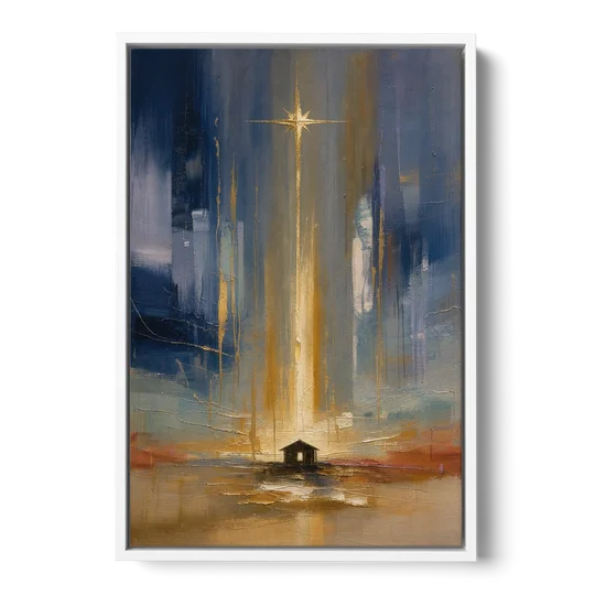 Modern Nativity Painting with Falling Gold Light - White Framed Canvas Wall Art - Front